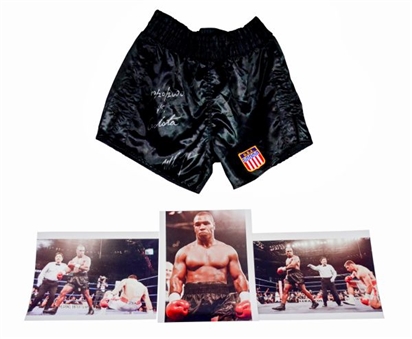 Mike Tyson Bout Worn, Signed and Dated Boxing Trunks Worn Vs Andrew Golota 